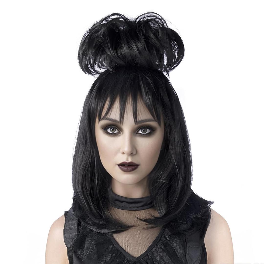 Black Cosplay Wig With Bun,Bride Wigs For Costumes,Halloween Costume Wigs For Women (Black / Gothic Bride)