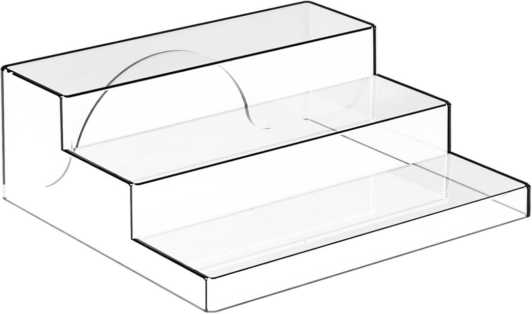 Yieach 3 Tiered Acrylic Display Stands for Cupcake Stand,Perfume Shelf Organizer,Figure and Funko Pop Display,No Installation,Clear Table Risers Display Stands for Collectibles,Makeup and Dessert,1PCS