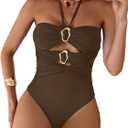 Verdusa Women's Cut Out One Piece Swimsuit Backless Halter Bathing Suit (Medium, Brown)