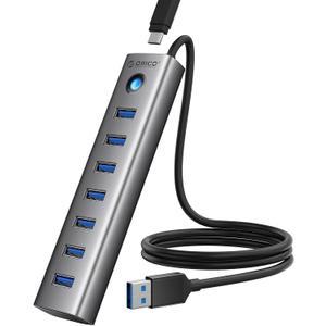 ORICO 7-Port USB 3.0 Hub, Aluminum USB Multiple Adapter, 5Gbps USB Extender USB Splitter with 3.28Ft Cable, UBS-A Hub Long Cable for Desktop, PC, Flash Drive, Mobile HDD, Windows/XPS