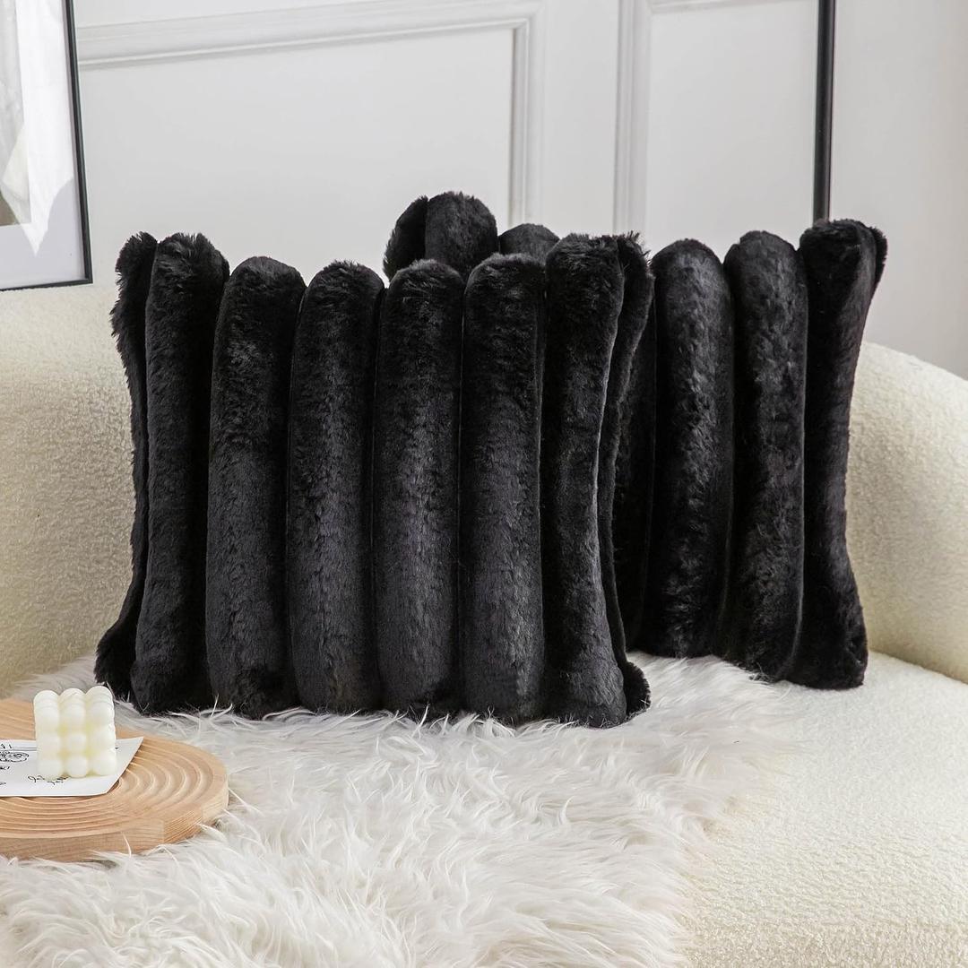 Neelvin Black Faux Fur Cozy Soft Striped Decorative Throw Pillow Covers 18x18 inch Set of 2,Velvet Pillowcase Cushion Case for Sofa Couch