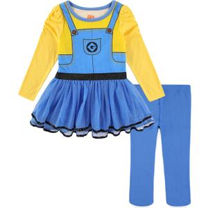 UNIVERSAL Minions Girls 2 Piece Long Sleeve Glitter Tulle Dress and Footed Stockings for Toddlers (Blue/Yellow)