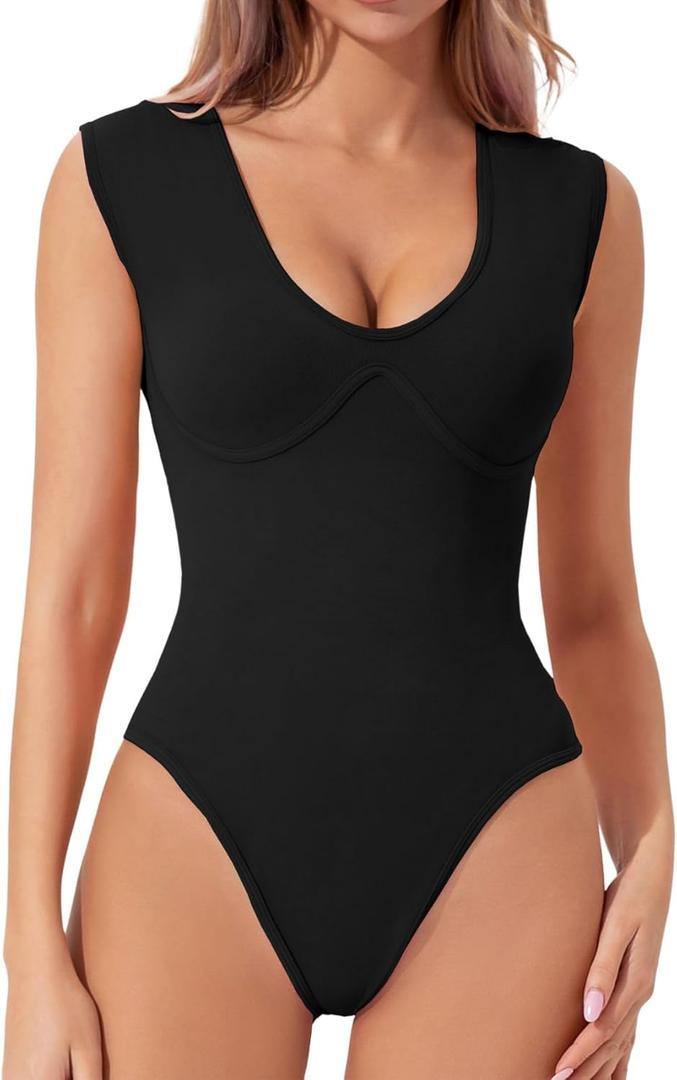 QINSEN Womens Plunge U Neck Cap Sleeve Bodysuit Soft Body Suit Tops Double Lined Shirts M