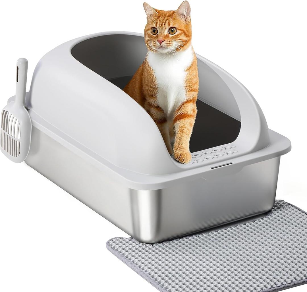 OLIXIS Stainless Steel Cat Litter Box with Lid, Large Cat Litter Box for Big Cats, High Wall Sides, Anti-Urine Leakage, Easy Cleaning, Scoop and Mat Included, Light Gray