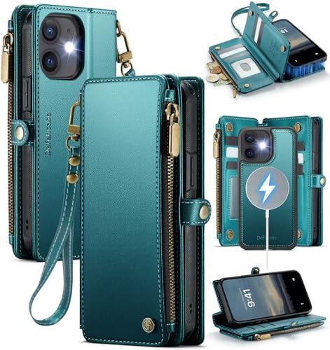 Defencase for iPhone 12/ Pro Magnetic Wallet Case Compatible with Magsafe with RFID Blocking Zipper Strap Card Holder for Women, PU Leather Detachable Case for iPhone 12 & 12 Pro 6.1 inch, Blue Green