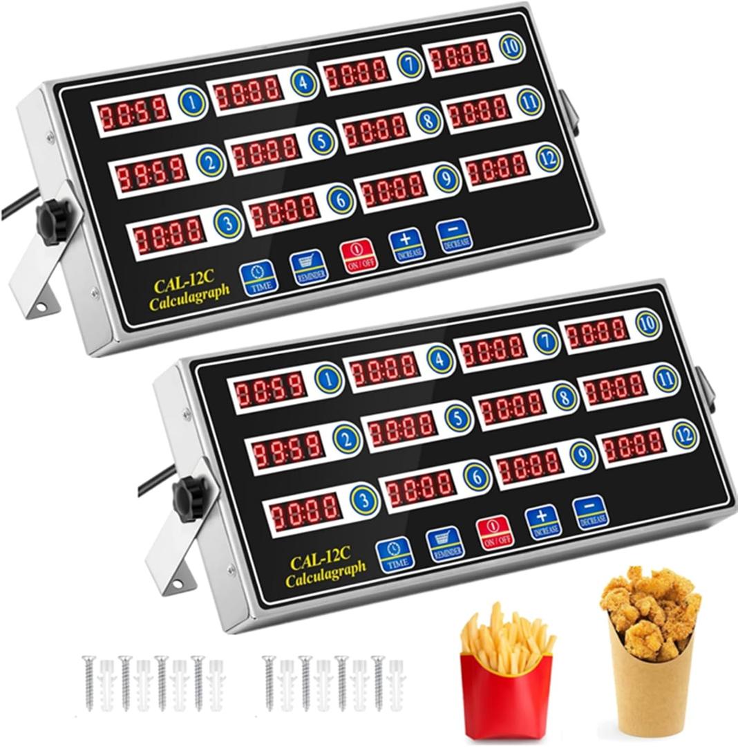 Relaxweex 2 Pack Commercial 12 Channel Digital Kitchen Timer, Multi-Countdown Timer with Loud Alarm & Large LCD Display, Wall Mount or Countertop for Restaurant, Fry Station, Baking & Lab Use