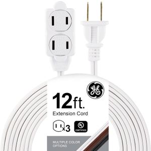 GE 3-Extension Cord with Multiple Outlets 12 Ft Power Strip 2 Prong 16 Gauge Twist-to-Close Safety Covers Indoor Outlet Extender UL Listed White 51954