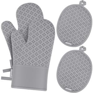 Oven Mitts and Pot Holders 4 Sets, Heat Resistant 500 Oven Mitt and Pot Holder,Oven Glove&Potholders with Non-Slip Silicone Surface,Kitchen Essentials for Cooking/Baking/BBQ-Grey