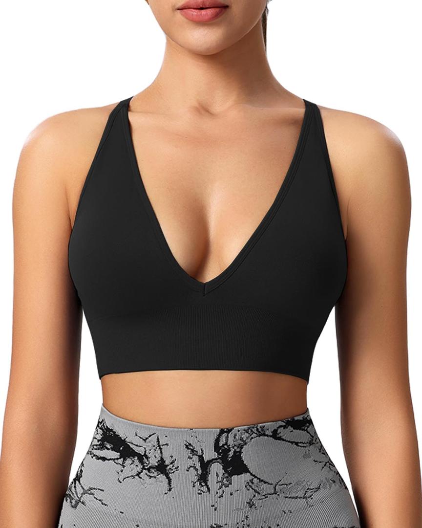 Evercute Women's Sports Bras 3/4 Pack Adjustable Deep V Neck Bras Wireless Spaghetti Strap Criss Cross Padded Low Support Bra (Large, Black 1 Pack)
