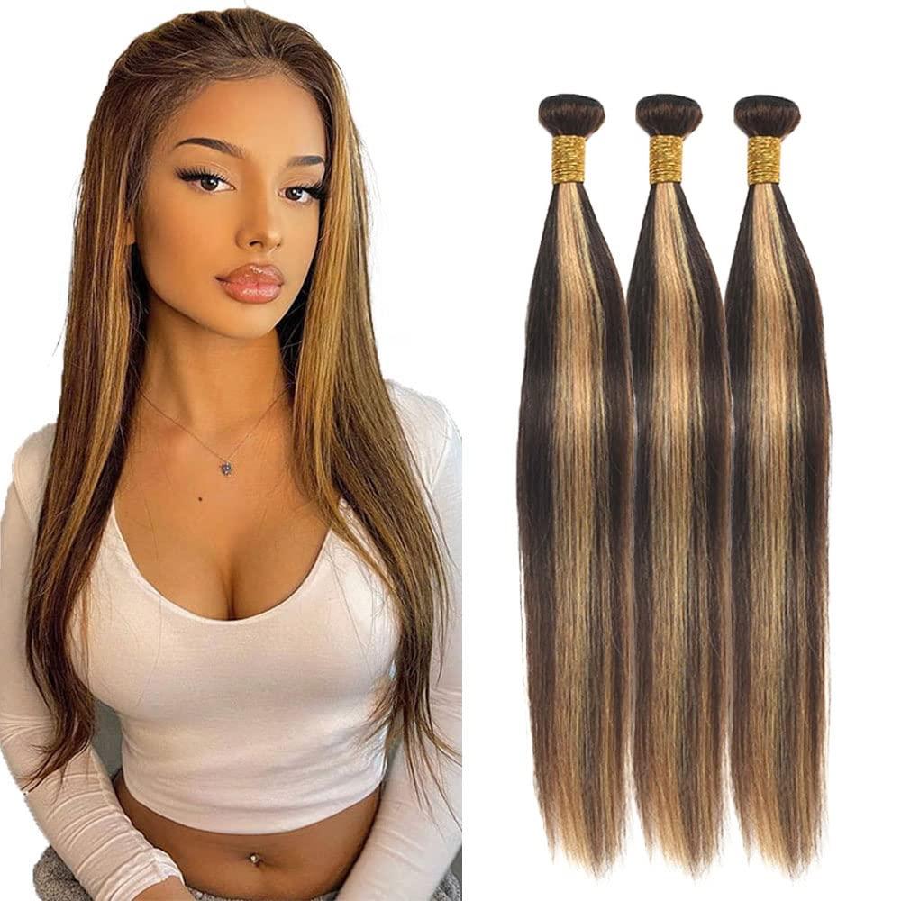 P4/27 Blonde Bundles Human Hair Straight Bundles 12 14 16 Inch Unprocessed Brazilian Virgin Hair Highlight Brown Straight 3 Bundle Human Hair Extensions 50 Gram Per Bundle