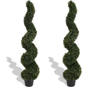 4ft Artificial Spiral Topiary Trees Outdoor Set of 2  Faux Boxwood Bushes Shrubs, Fake Potted Plants for Front Porch Planter Indoor Outside Decor, UV Resistant (4 Foot/48 Inch) (Dark Green)