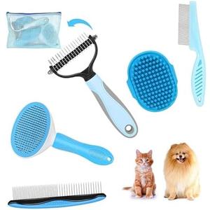 5-in-1 Grooming Kit - Supplies for Short and Long Hair Dogs, Bath Brush, Dematting Rake and Comb (Set of 5, Blue)