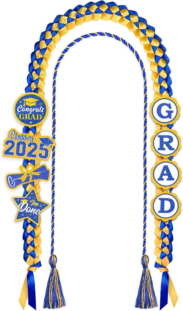 Graduation Leis 2025 and Cords, Grad Money Leis with 8 Grad Glitter Patches for Graduation Party Decorations (Blue & Gold)