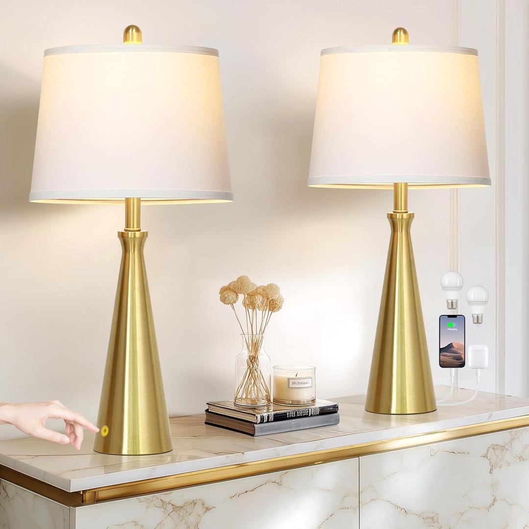 Rinweey 28" Modern Gold Touch Table Lamp Set of 2 for Living Room,Gold Bedside Lamps with USB A+C Ports - Gold Metal Table Lamp Set for Nightstand, End Table - 2 Bulbs Included