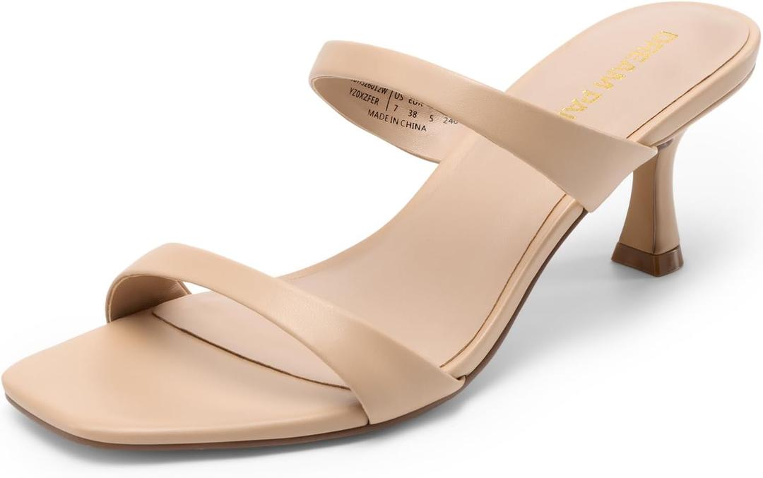 DREAM PAIRS Women's Low Kitten Heels Square Toe Two Strap Heeled Sandals Dress Casual Summer Mules Shoes (Beige) 10
