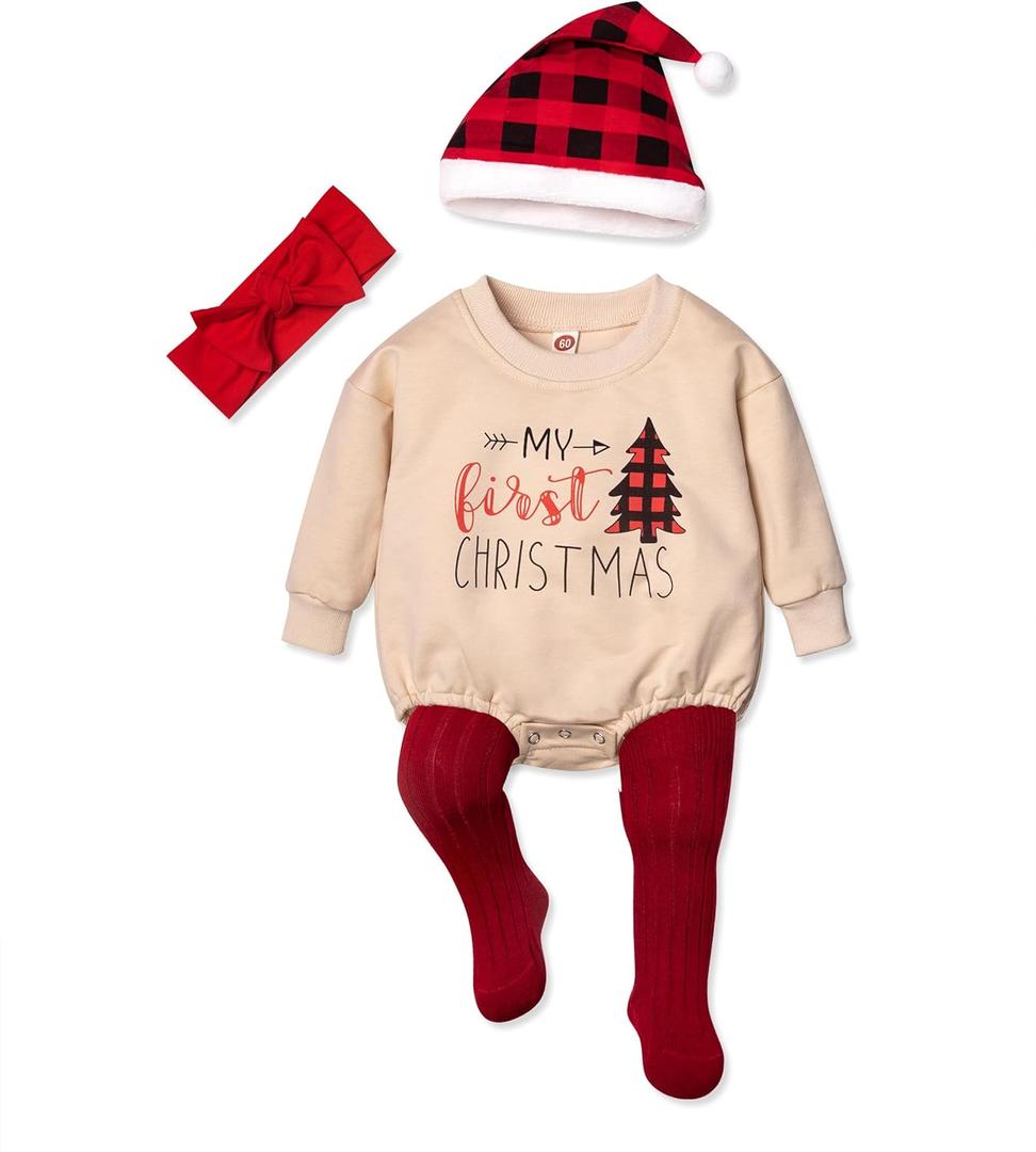 Cute Christmas Outfits Oversized Sweater Romper with Socks, Hats, and Headband (0-3 Months, My First Christmas Tree)