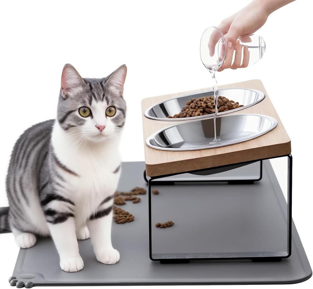 Upgraded Elevated Cat Bowls with Food Mat,15Tilted Stand Anti Vomiting Raised Cat Dishes for Food and Water,2 Stainless Steel Bowls for Cats and Puppy