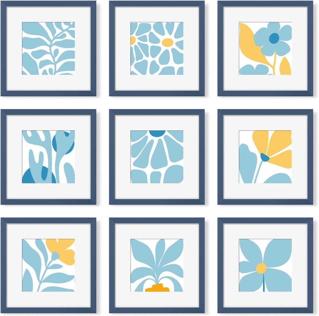 12x12 Picture Frame Set of 9, Photo Gallery Wall Frame Set, Display Pictures 8x8 with Mat or 12 x 12 Without Mat, Square Frame Picture Frames Collage Wall Decor, Blue