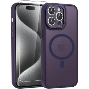 WRJ Case for iPhone 15 Pro Max with Screen Protector, [Compatible with MagSafe][Full Camera Protection] Anti-Fingerprints Slim Translucent Matte Shockproof Phone Cover for Women Men-Dark Purple