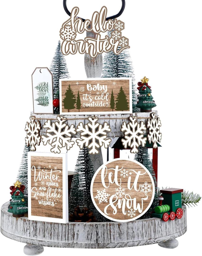 Bucherry Christmas Winter Tiered Tray Decor Snowflake Tiered Tray Decorations Let It Snow Block Signs Hello Xmas Wooden Banner Farmhouse Coffee Bar Sign for Home Party Tabletop(Rustic)