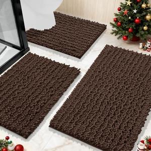 Yimobra Brown Bathroom Rug Set 3 Piece - Super Absorbent Quick Dry Chenille Bath Mats & Toilet Rug, Non Slip Machine Washable, Extra Thick Shaggy Floor Mat for Shower Tub Sink Size: 24"x17" + 24"x20" + 30"x20"