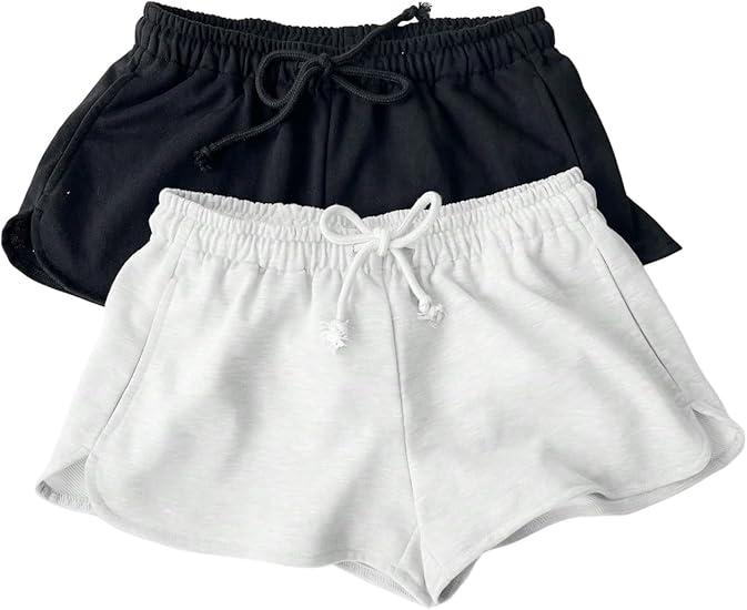 Locoowai 2 Pack Womens Sweat Shorts Drawstring High Waist Summer Athletic Loose Elastics Sweatpants with Pockets Black and white M