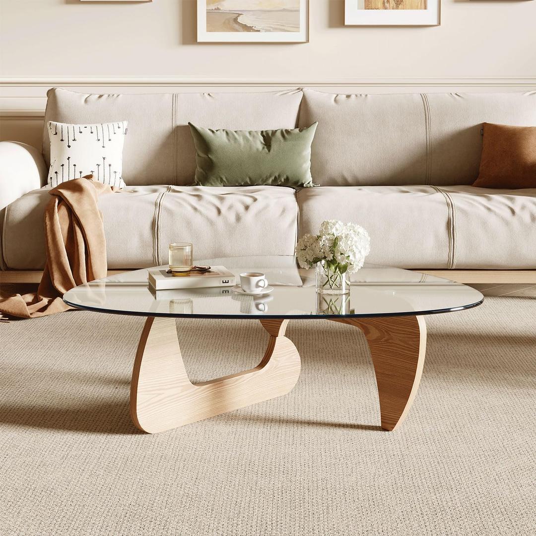 Modern Coffee Table for Living Room and Small Spaces, 43.3" x 29.5" x 15.8" Triangle Tempered Glass Table Top and Eco-Friendly Solid Wood Base, Natural Wood