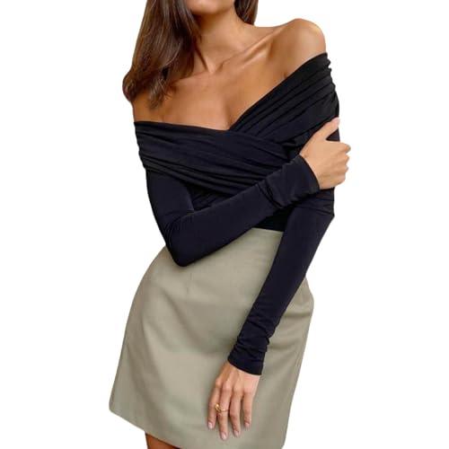 RARITYUS Women's Off The Shoulder Long Sleeve Bodysuit Sexy Ruched Cross Wrap Bodysuit Tops Shirts Jumpsuit, M