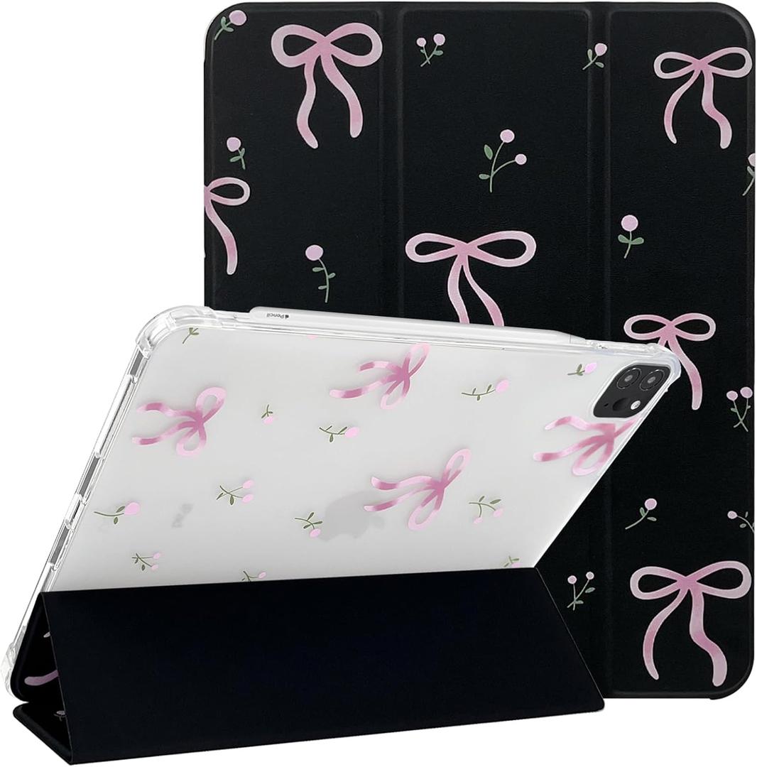 Lovmooful Compatible for iPad Pro 11-Inch,2022/2021/2020/2018 Model(4th/3rd/2nd/1st Generation) Case with Pencil Holder Cute Bowknot Bow with Flower Design Soft TPU Trifold Stand Protective-Black&Pink