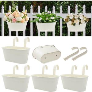 vensovo Metal Railing Planter for Outdoor Plants - 5 Pack Balcony Hanging Planter Box with Detachable Hooks and Drain Holes Oval Hanging Pots Fence Planters for Railing Garden Fence, Cream White