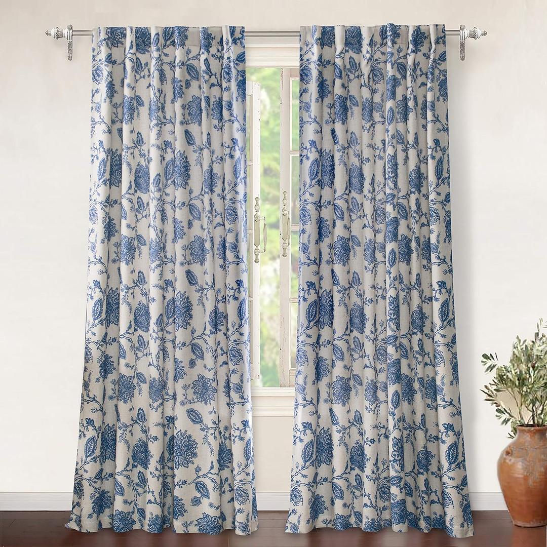 DriftAway Linen Floral Paisley Navy Blue Blackout Curtains for Living Room Bedroom 84 Inch Length 2 Panels Lined Back Tab Window Drapes Thermal Farmhouse Country Jacobean Curtains
