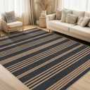 Garvee Large Easy Jute Living Room Rugs 8x10 Rug, Non Slip Foldable Striped Printed Floor Mats, Machine Washable Indoor Outdoor Carpet for Bedroom, Garden, Black and Brown