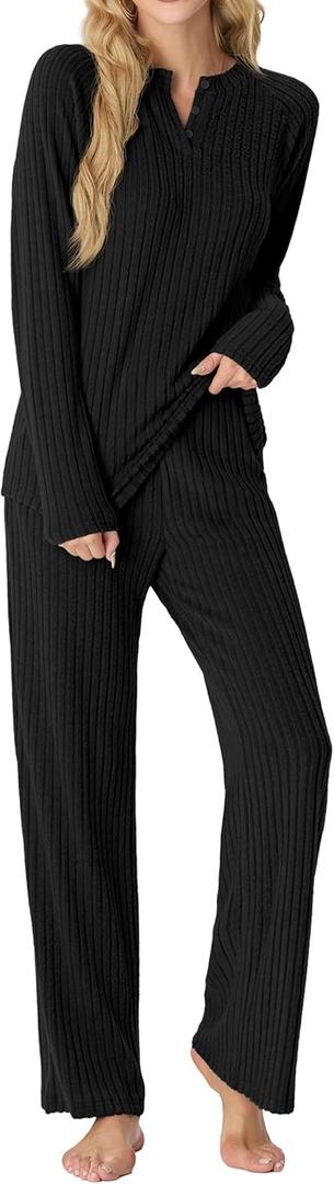 PrinStory Womens Pajama Sets Pajamas Fall Winter Long Sleeve Lounge Set Two Piece Soft Pjs (Large, Black)