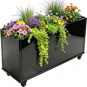 Modern Metal Planter Box, Large Rectangular Planter for Outdoor Plants - Heavy Duty Tall Planter Box with Lockable Wheels for Porch/Patio/Garden (Black, 38"x12"x25")