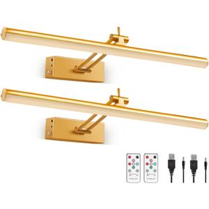 Mocalido 2 Pack Picture Light Battery Operated for Wall, 16in Wireless LED Art Light for Painting with Remote, 5200mAh Dimmable Frame Lights for Gallery Library, Brass