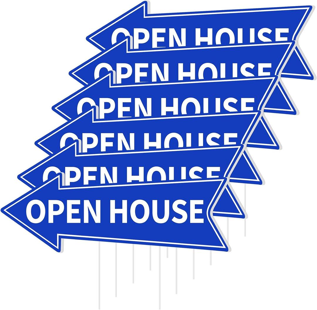 6PCS Open House Signs with Stakes Double Sided Blue Open House Directional Arrow Signs for Real Estate 16 x 5'' Corrugated Plastic Waterproof Yard Sign for Property Sale Transaction Event Arrows Sign
