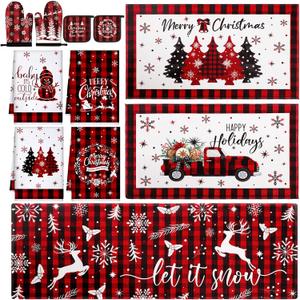11 Pcs Christmas Plaid Kitchen Mats Oven Mitts Kitchen Towels and Pot Holders Set Christmas Floor Mats Red and Black Rugs Let It Snow Decorations for Home Cooking Party Gift