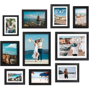 10 Pack Black Picture Frames Set, Gallery Wall Frame Set with Mat, Collage Photo Frames for Wall Mounting or Tabletop Display, Multi Sizes 8x10 5x7 4x6 for Living Room Bedroom Office
