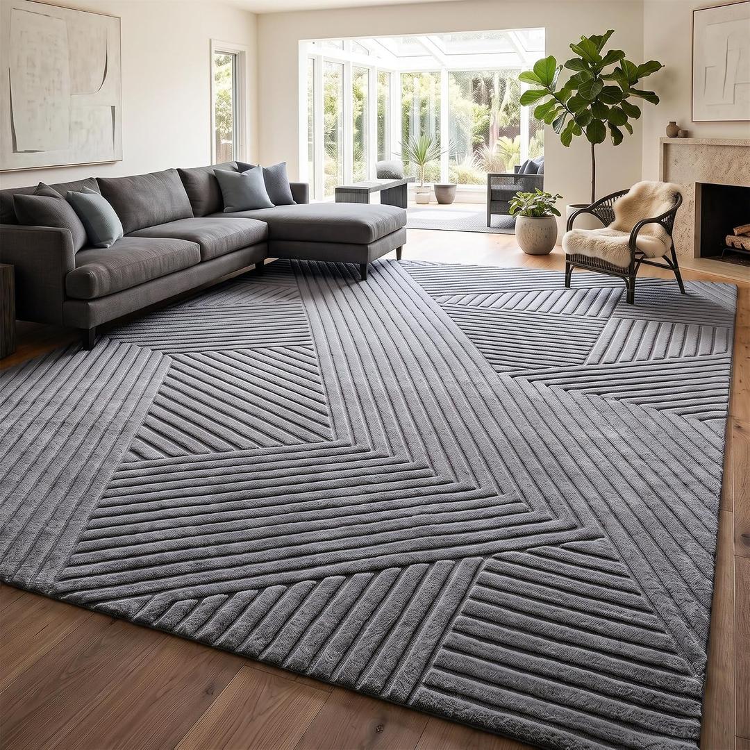 8x10 Grey Area Rugs for Living Room, Modern Geometric Washable Rug