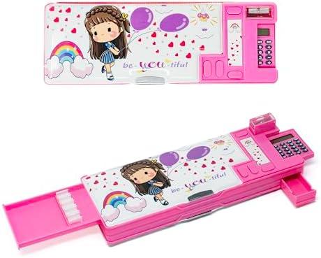Pop Up Multifunction Pencil Case for Girls, Cute Cartoon Pen Box, Stationery Organizer with Calculator, Sharpener and Schedule, Cute School Supplies Pencil Box, Best Gift Birthday Present for Kids, Set of 2