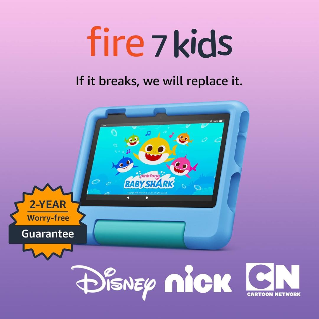 Amazon Fire 7 Kids tablet (newest model) ages 3-7. Top-selling 7" kids tablet on Amazon. Includes ad-free and exclusive content, easy parental controls, 10-hr battery, 32 GB, Blue