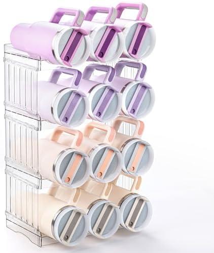 Gracenal Large Tumbler Organizer for Stanley Cup 40 oz, Patented Kitchen Pantry Organizers and Storage for Stanley Cup Accessories, Stackable Water Bottle Organizer Holder Gifts 4Pack Large-12-bottle Clar