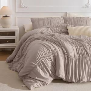 Masaca Oversized King Size Comforter 128x120,3 Pieces Vintage Taupe Ruched Bedding Comforter Set Lightweight Ultra Soft Shabby Boho Chic Bedding (1 Ruffle Comforter +2 Pillowcases)