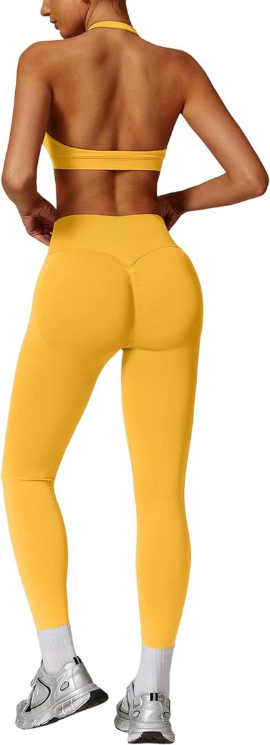 ABOCIW Workout Sets for Women Seamless Scunch Butt Lifting Impact Leggings Halter Sports Bra 2 Piece Gym Outfits (Medium, Yellow)