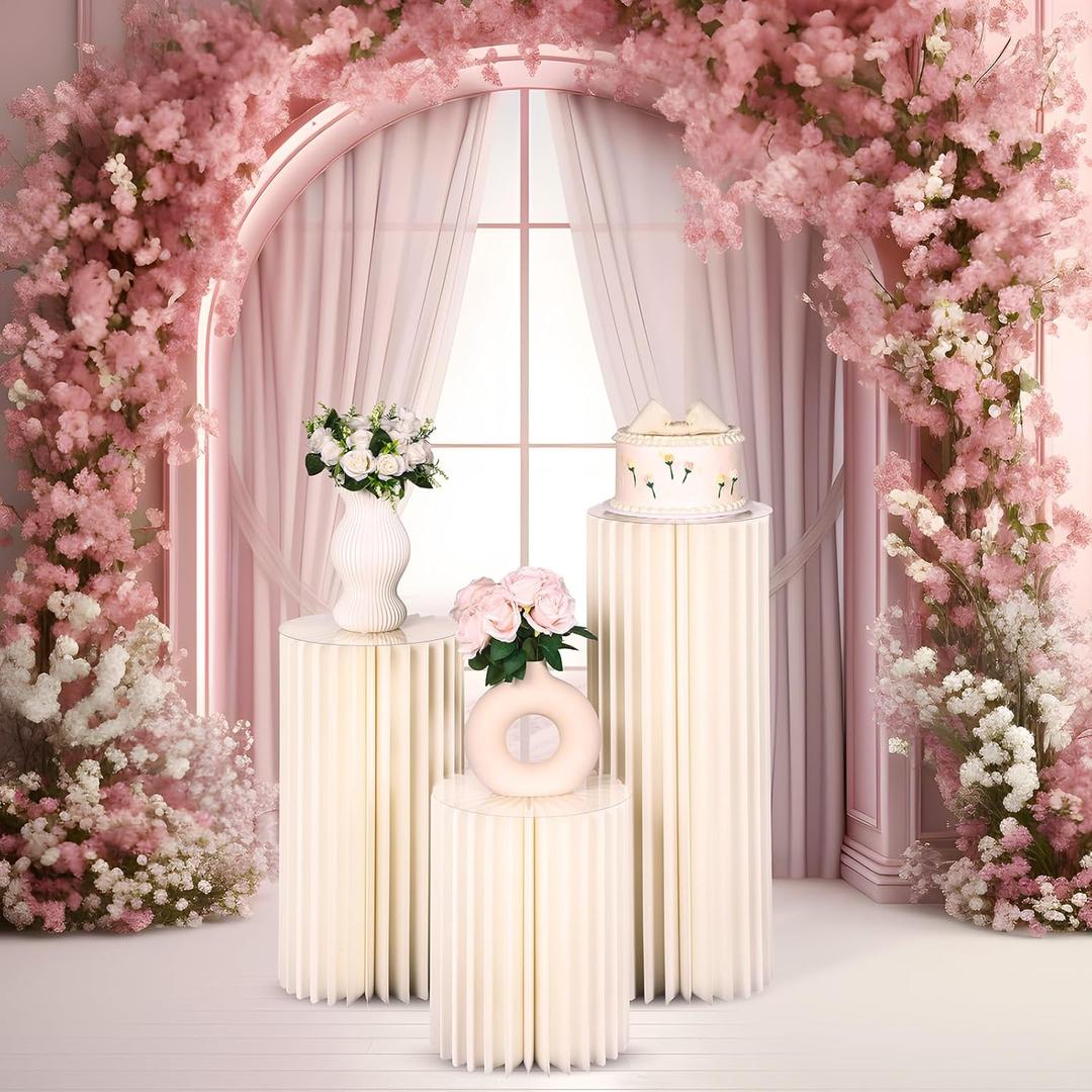 Spiareal 3 Pcs Cylinder Stand for Party 15.7/23.6/31.5in Foldable White Cardboard Columns Pedestal Display Round Columns Pillars Cilindros Fiestas Cake Table Stand for Wedding Birthday Baby Shower