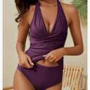 Womens V Neck Ruched Tankini Swimsuits, Tummy Control Halter Tie Back Two Piece Bathing Suits, Modest Swimwear with Shorts, M