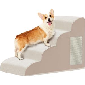 Dog Stairs for Small Dogs 19.7”H,Checked Flocking Fabric,with Cushioning Support Layer,4-Step Dog Steps for High Bed,Couch,Sofa and Chair,Non-Slip Balanced Pet Ramp Indoor, Beige