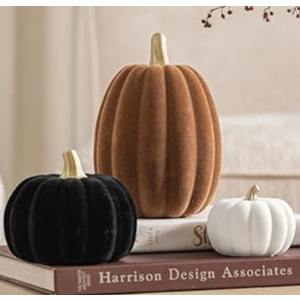 DN DECONATION 3 Pcs Fall Pumpkin Decorations – Flocked White Brown Black Resin Pumpkins Figurines for Autumn Thanksgiving Halloween Decoration, Faux Artificial Pumpkin for Home Table Mantel Decorating