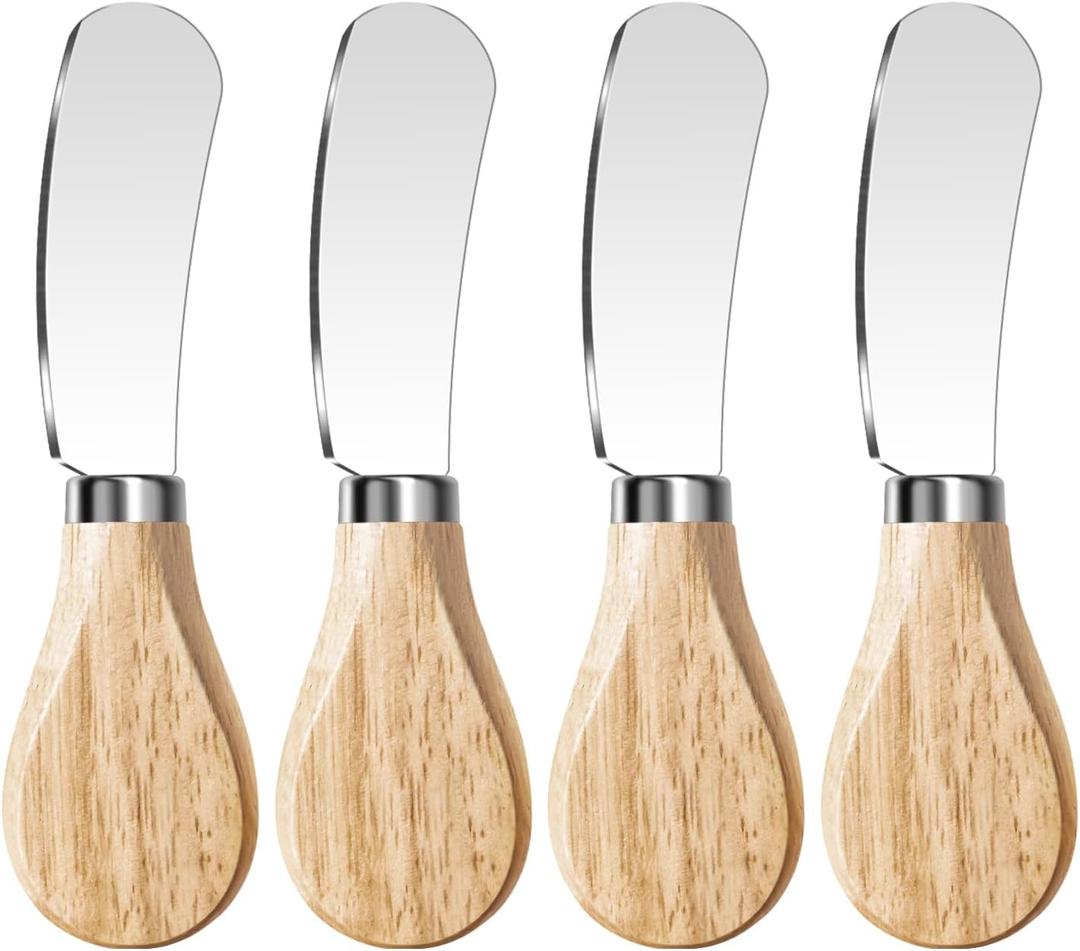 Butter Knife Spreader, Cheese Spreader Knives Set of 4, Stainless Steel Butter Knives with Wooden Handle, Small Cheese Knives for Cold Butter, Soft Cheese Spreader, Jam, Charcuterie, Pastry (Oak Wood & Silver Blade)