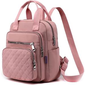 Small Backpack for Women Casual Quilted Square Bag Waterproof Multi Pockets Daypack Lightweight Top Handle Satchel (Pink)